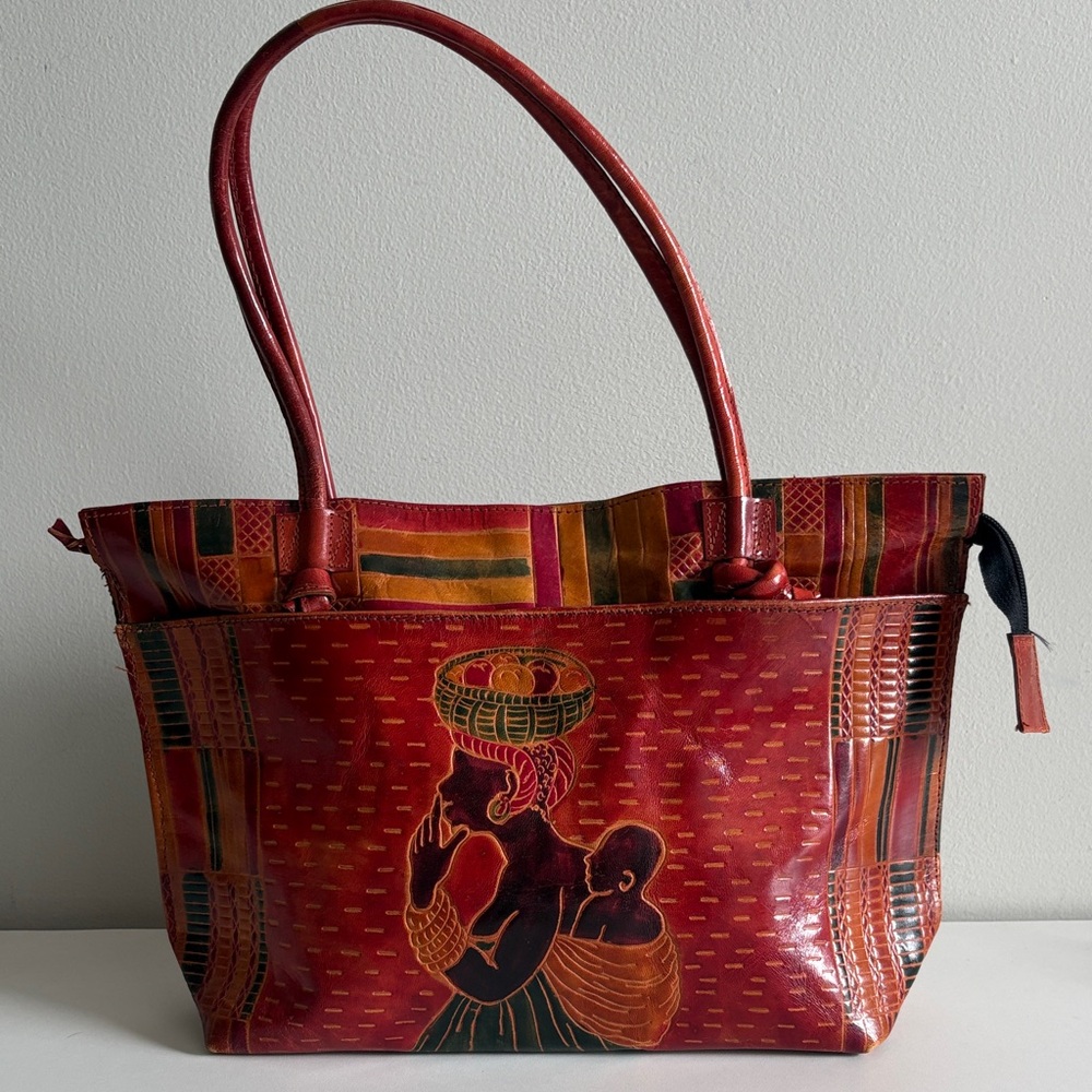Emily Ann Leather Tote Hand Painted Red Mother Child Artisan Bag